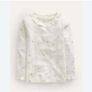 Mini Boden Sz 5/6Y White Star Print Kids Top With Ruffle Collar